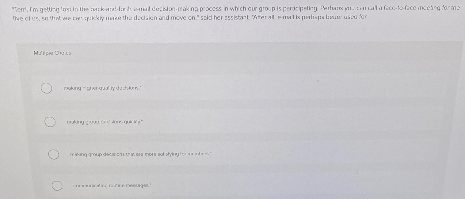  "Terri, I'm getting lost in the back-and-forth e-mall decision-making process in