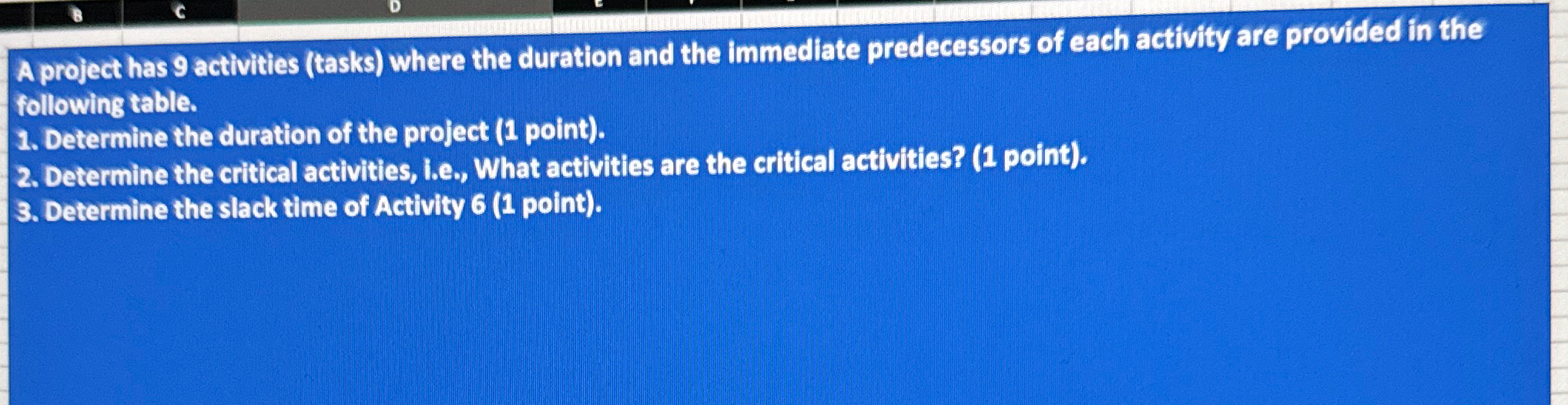  A project has 9 activities (tasks) where the duration and the
