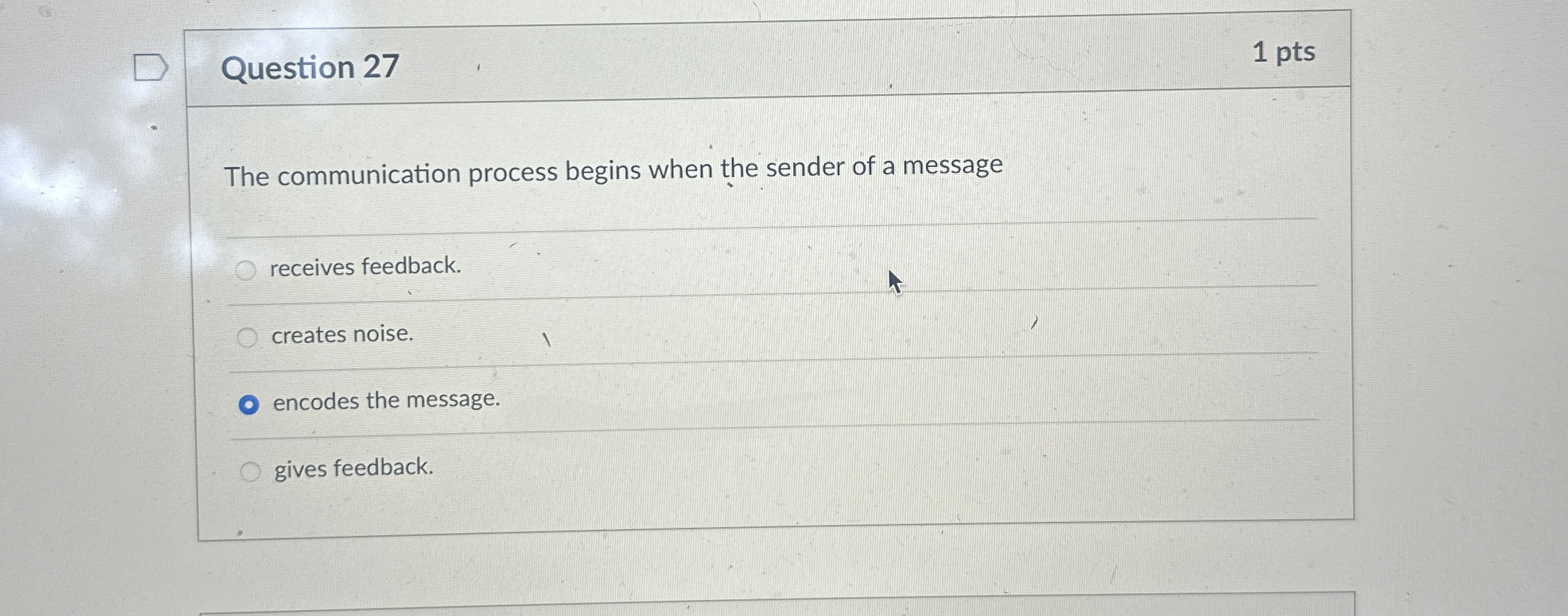  Question 27 1 pts The communication process begins when the sender