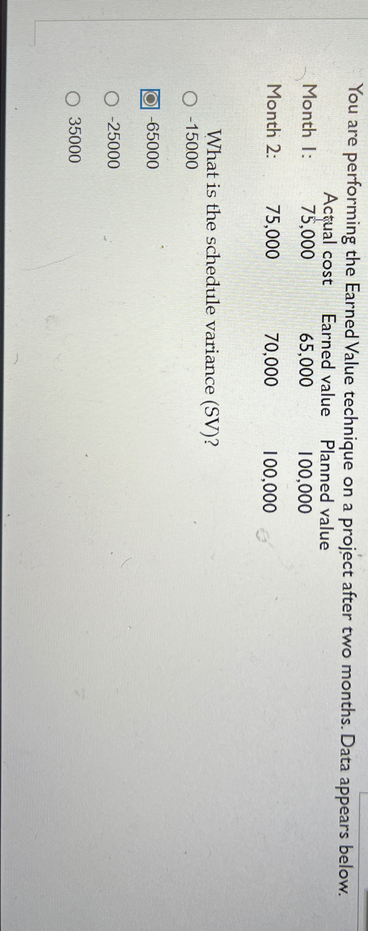  You are performing the Earned Value technique on a project after