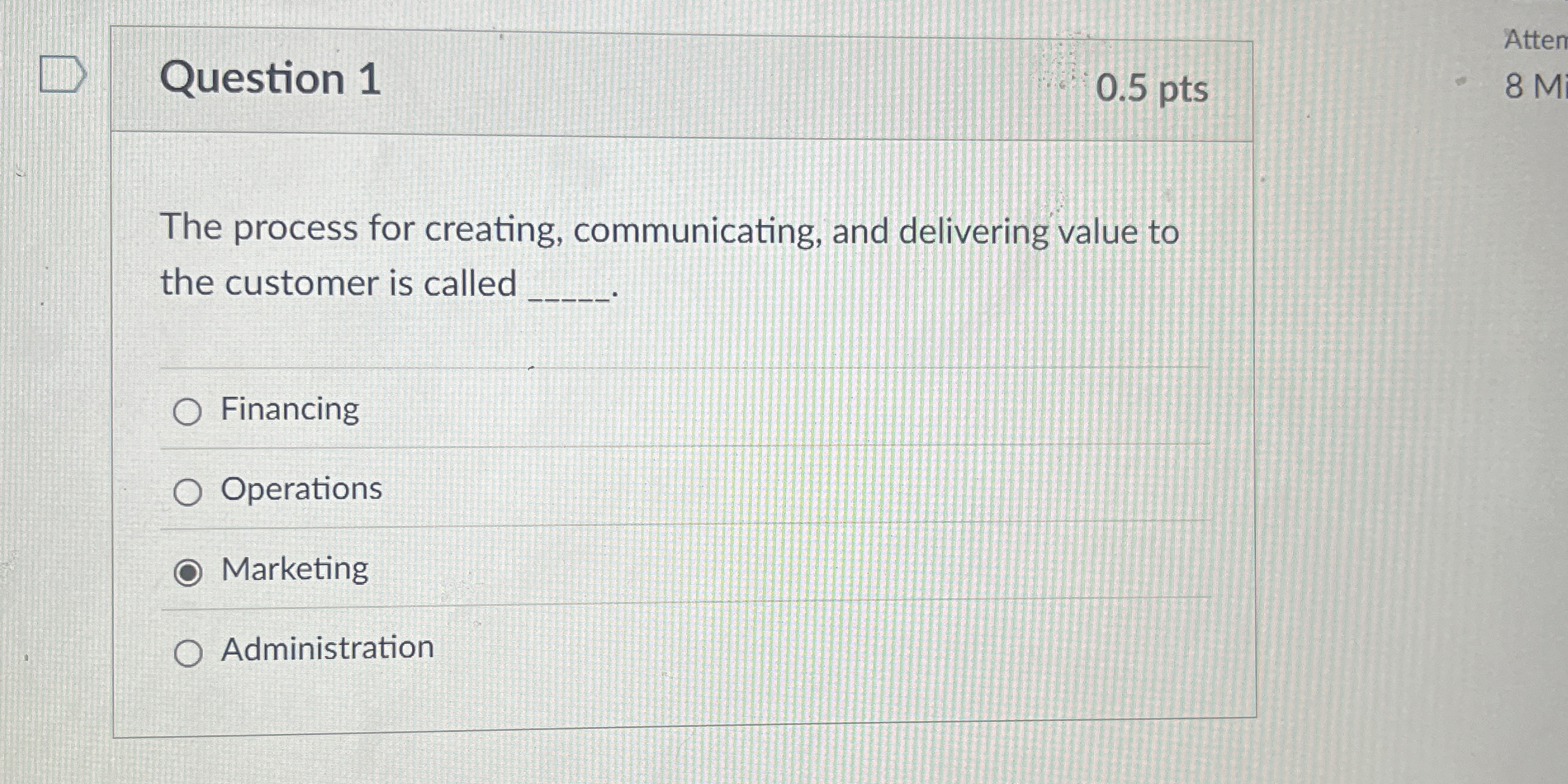  Question 1 0.5 pts The process for creating, communicating, and delivering