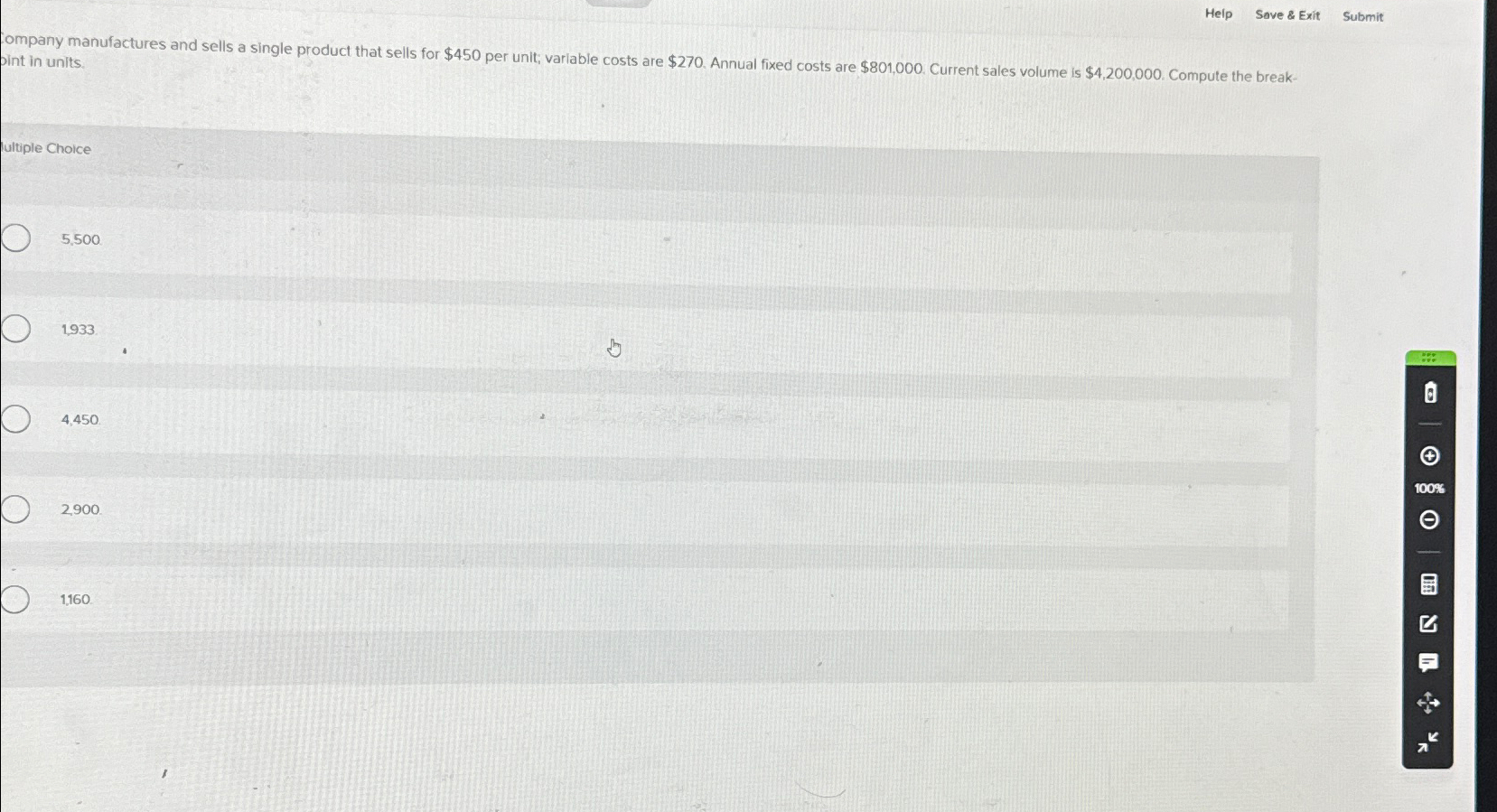  Help Save & Exit Submit pint in units. ultiple Choice 5,500