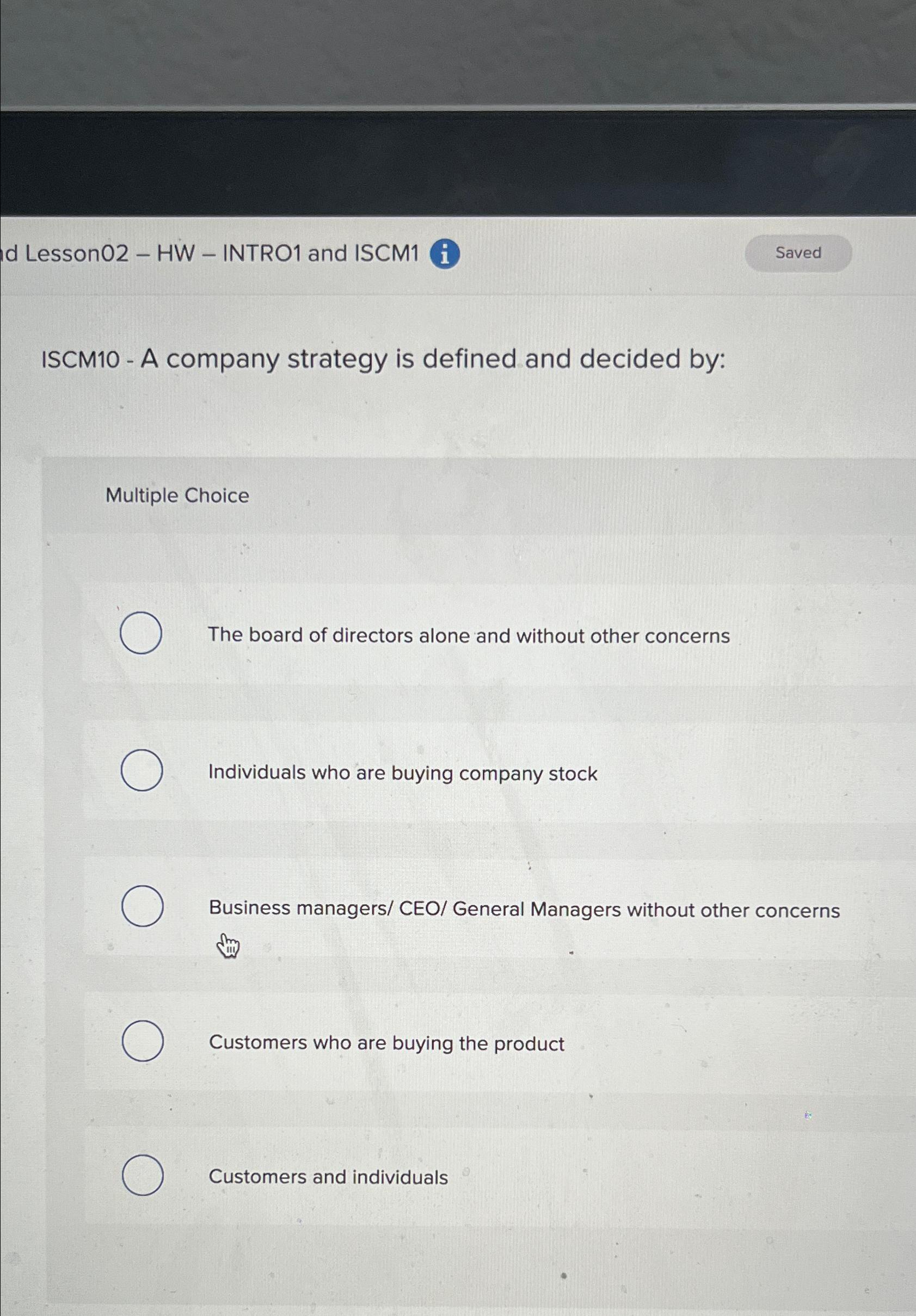  Lesson02- HW - INTRO1 and ISCM1 ISCM10- A company strategy is