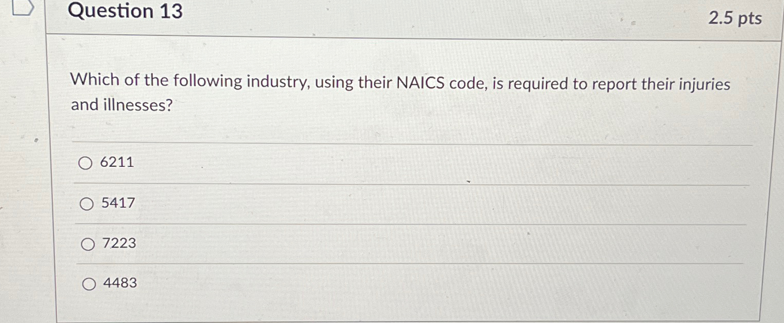  Question 13 2.5pts Which of the following industry, using their NAICS