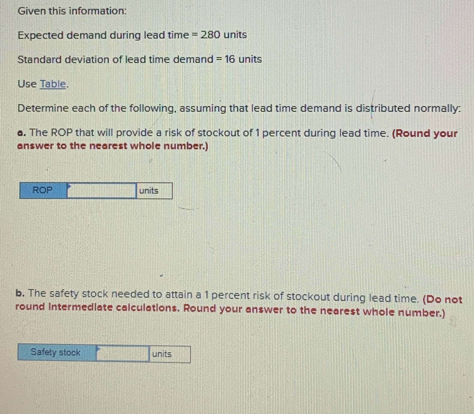  Given this information: Expected demand during lead time =280 units Standard