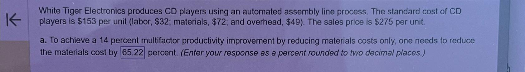  White Tiger Electronics produces CD players using an automated assembly line