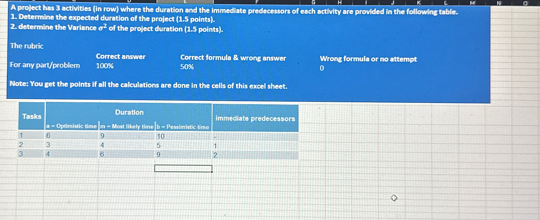  A project has 3 activities (in row) where the duration and