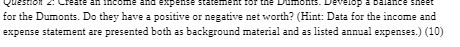 Question 2. Create an icome and expense statement for the Dumonts.