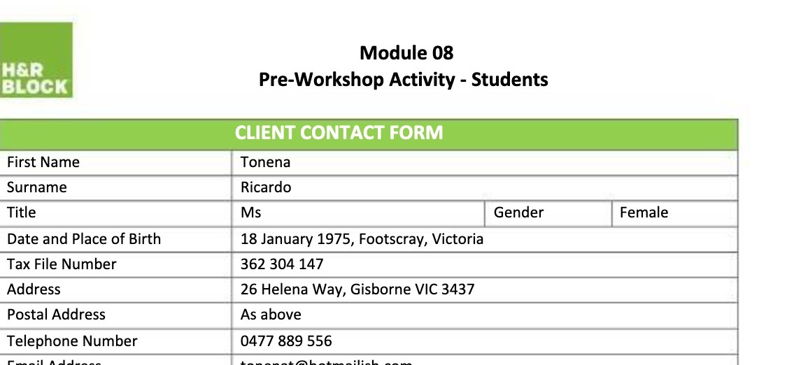 Module 08 H&R BLOCK Pre-Workshop Activity - Students CLIENT CONTACT FORM