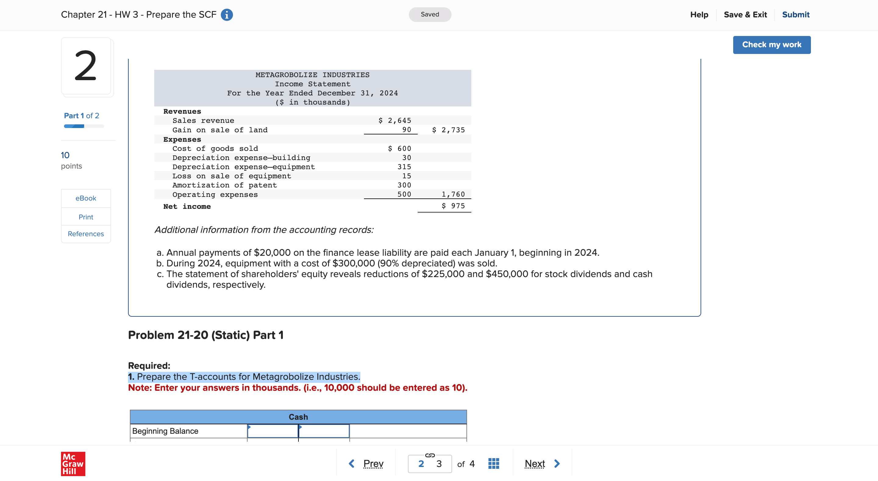 eBook Print References HI\" Required information Problem 21-20 (Static) Statement of cash