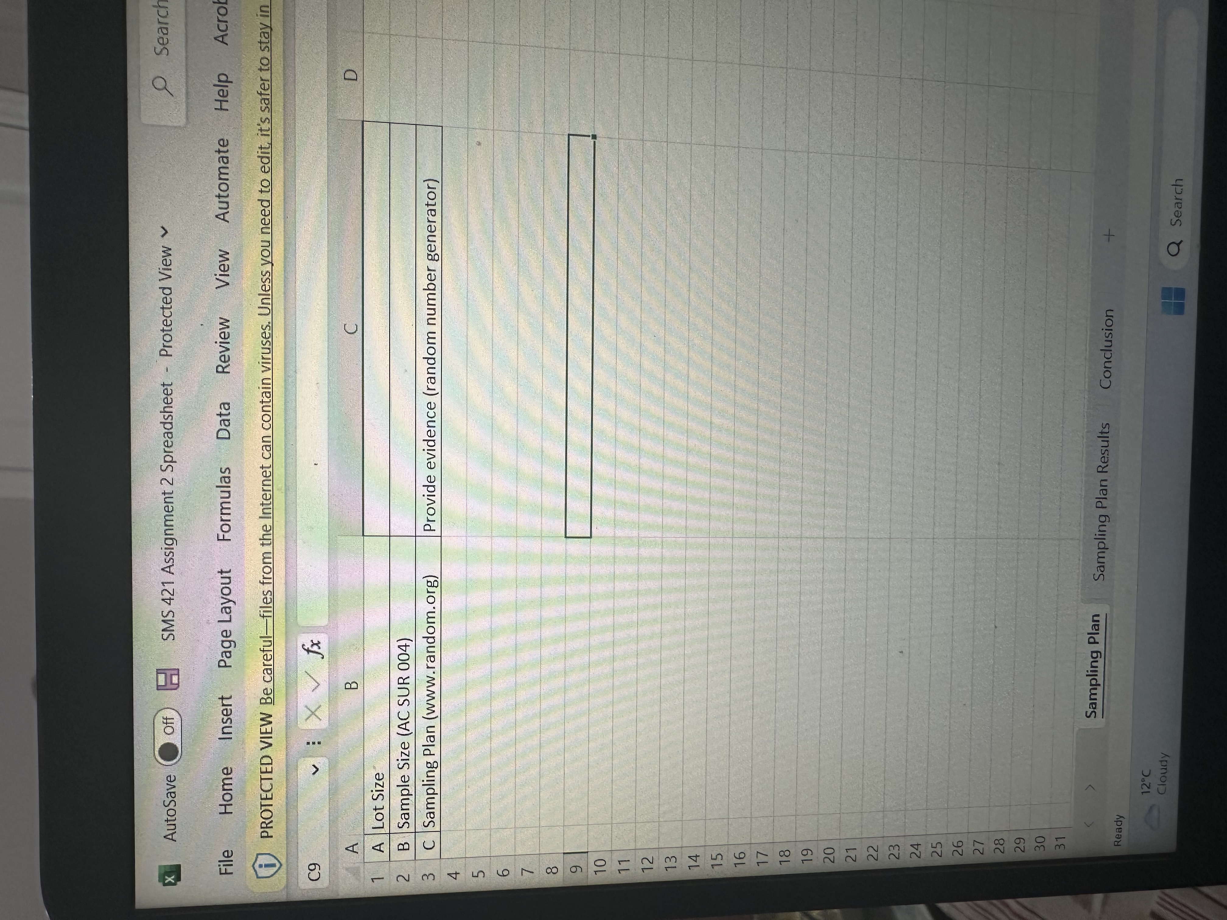  9 Search X AutoSave Off SMS 421 Assignment 2 Spreadsheet -