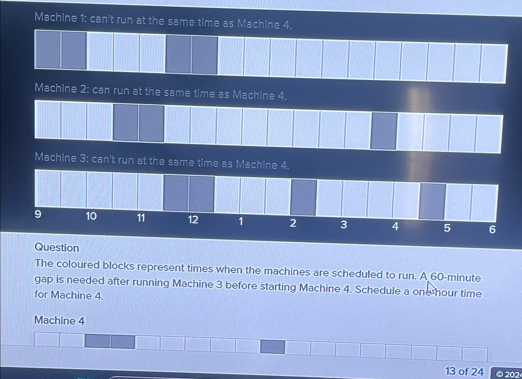  Machine 1: can't run at the same time as Machine 4.