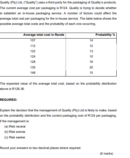  Quality (Pty) Ltd,("Quality") uses a third-party for the packaging of Quality's