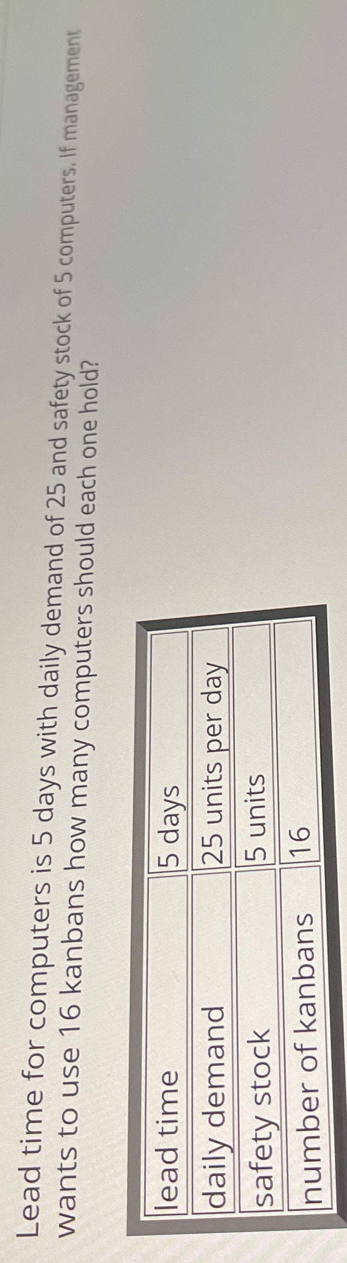  Lead time for computers is 5 days with daily demand of