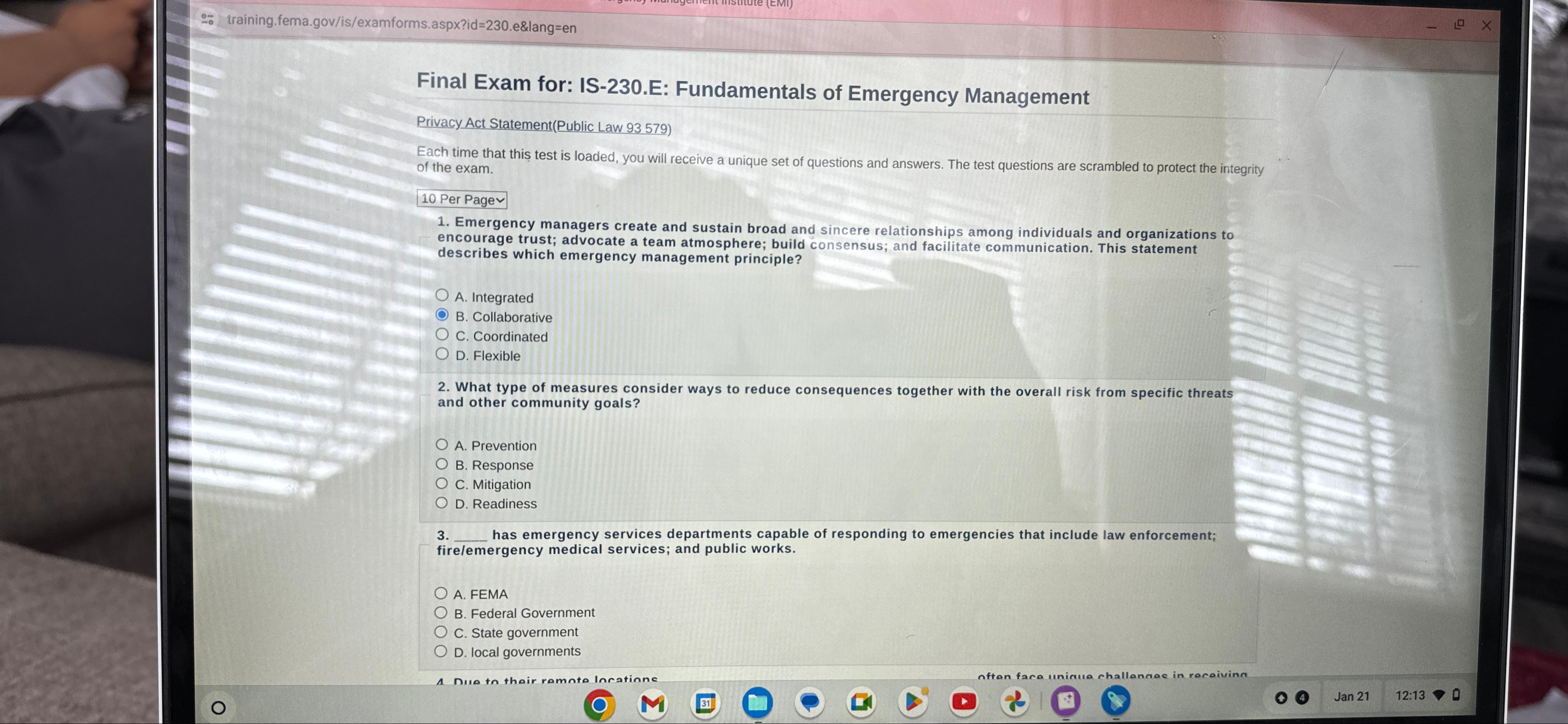  Final Exam for: IS-230.E: Fundamentals of Emergency Management Privacy Act Statement(Public