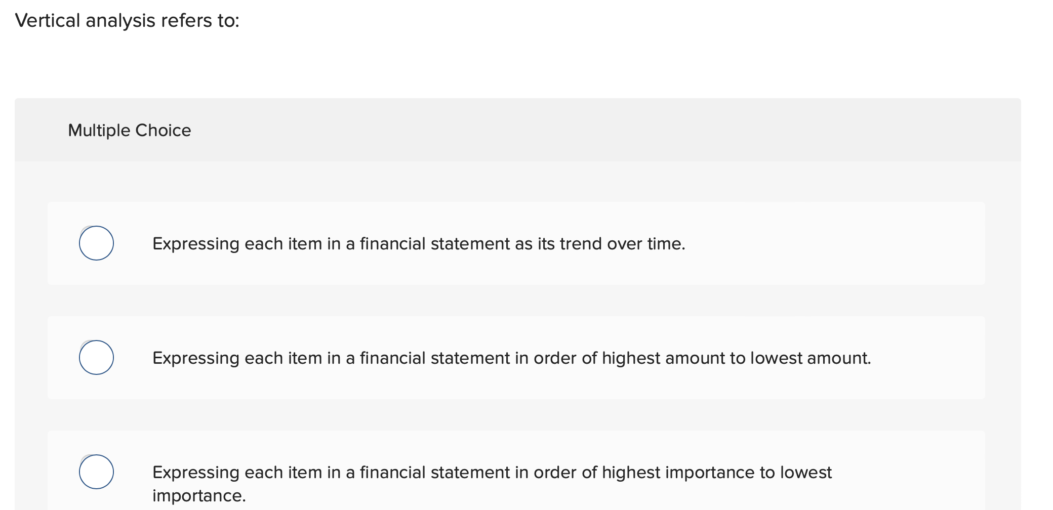  Vertical analysis refers to: Multiple Choice Expressing each item in a