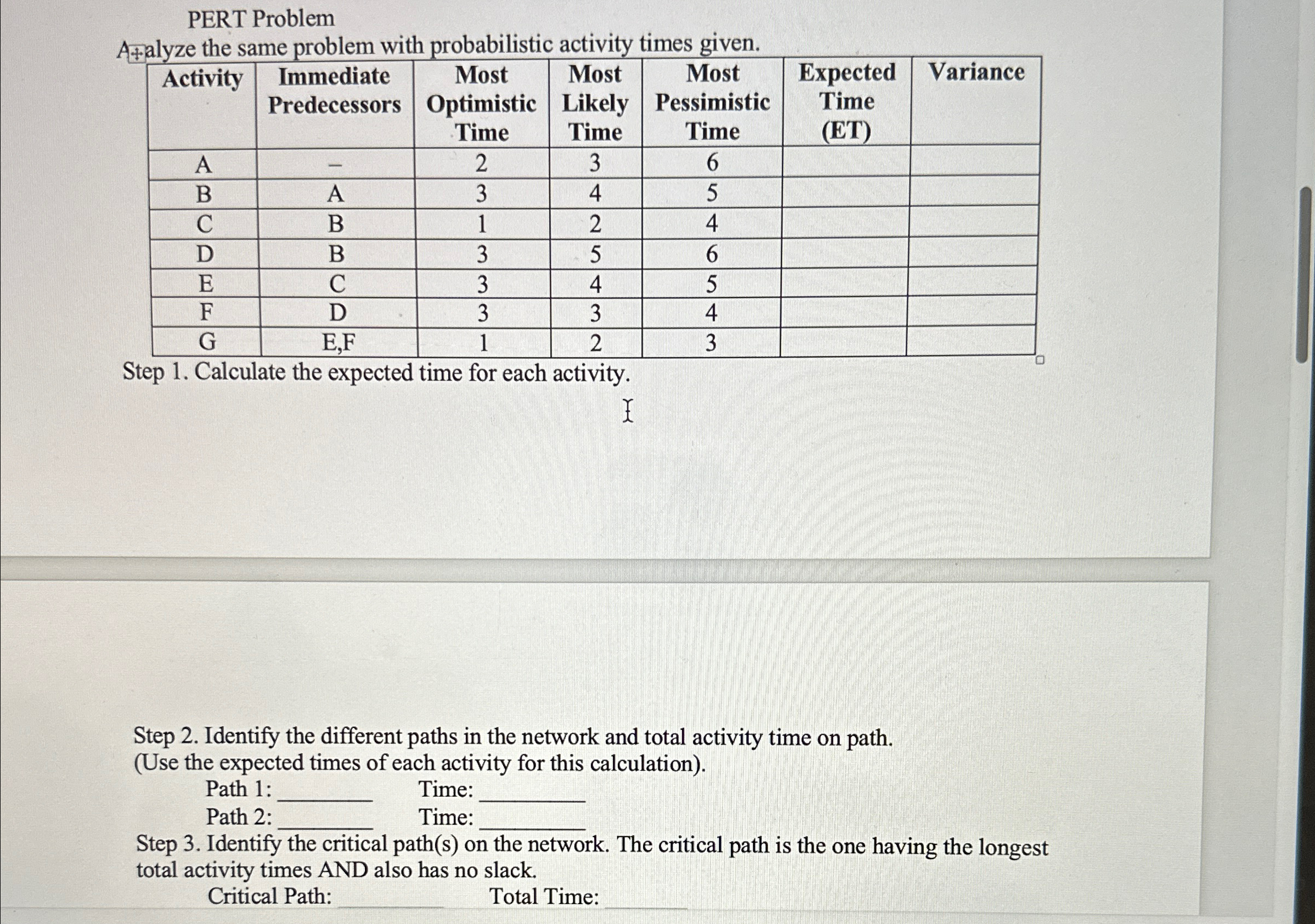  PERT Problem A alyze the same problem with probabilistic activity times