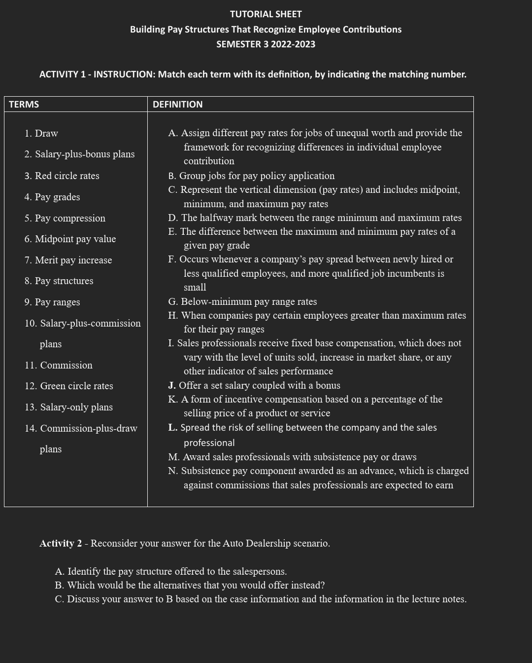 TUTORIAL SHEET Building Pay Structures That Recognize Employee Contributions SEMESTER 32022-2023