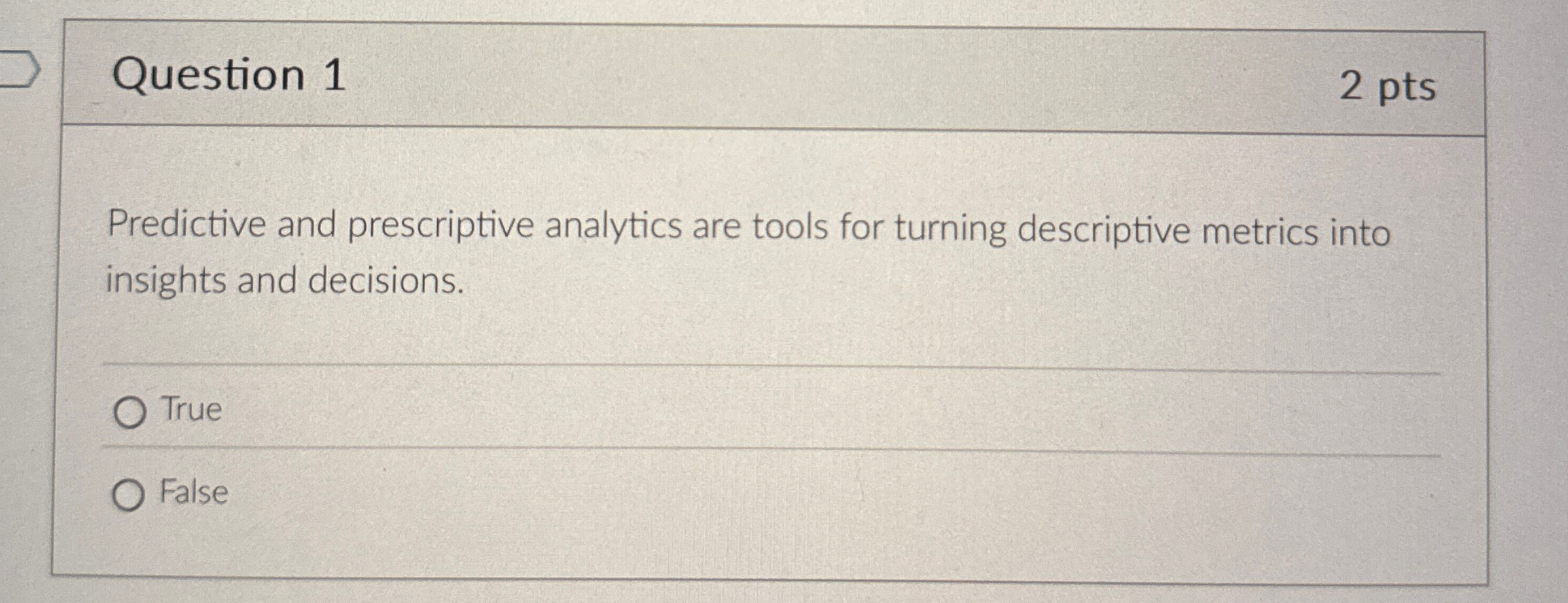 Question 1 2 pts Predictive and prescriptive analytics are tools for