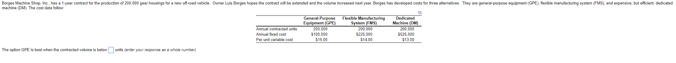 machine (DM). The cost data follow \table[[,General-Purpose,\table[[Flexible Manufacturing],[Equstem (FMS)]],\table[[Dedicated],[Machine (DM)]]],[Annual contracted