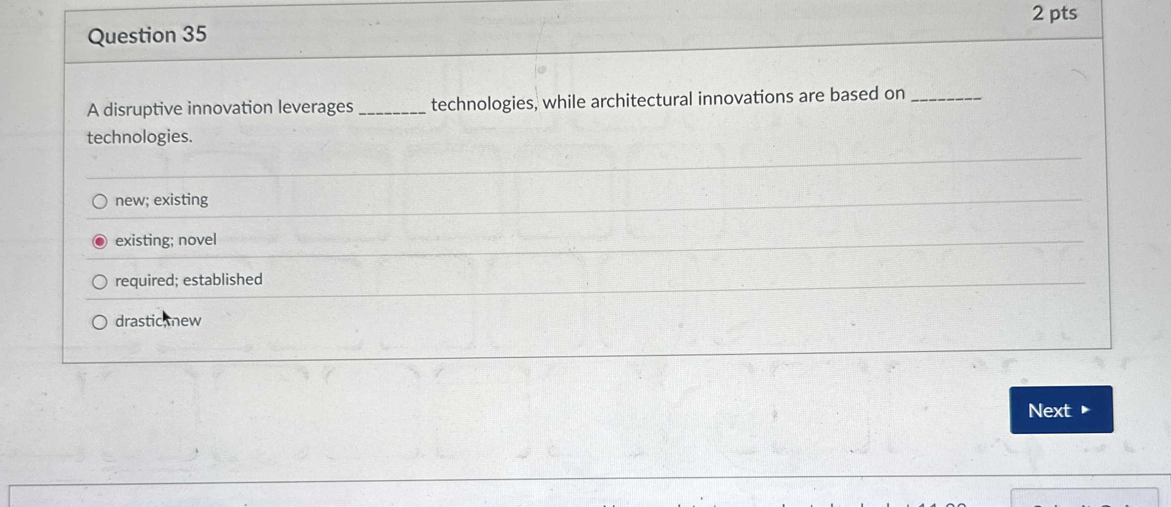  Question 35 2 pts A disruptive innovation leverages technologies, while architectural