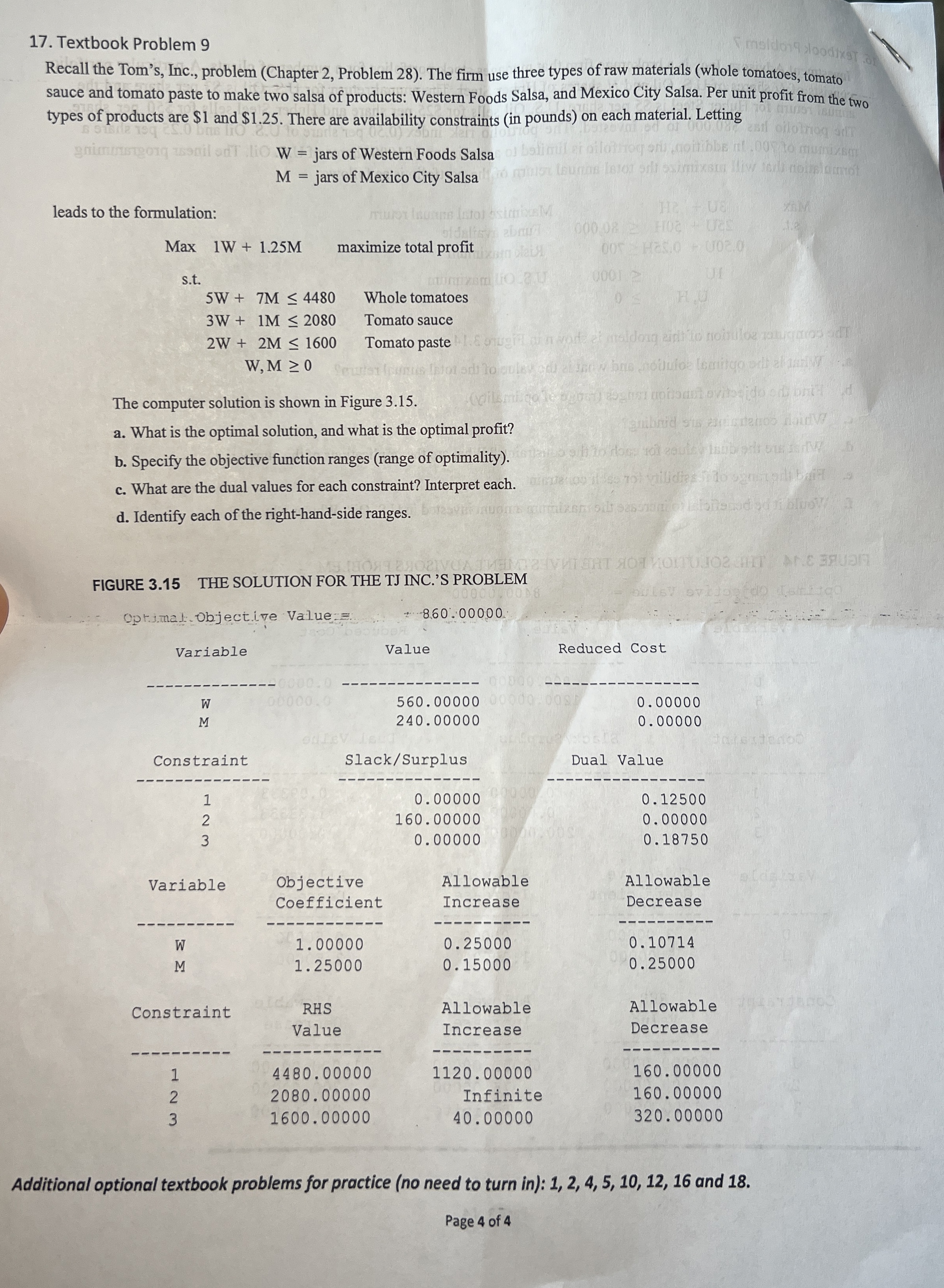  Textbook Problem 9 Recall the Tom's, Inc., problem (Chapter 2, Problem