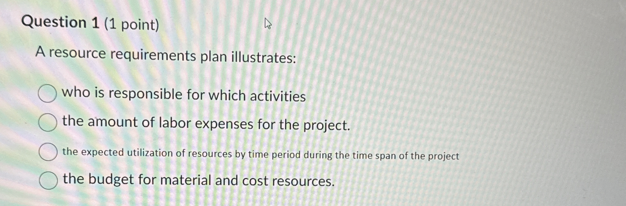  Question 1(1 point) A resource requirements plan illustrates: who is responsible