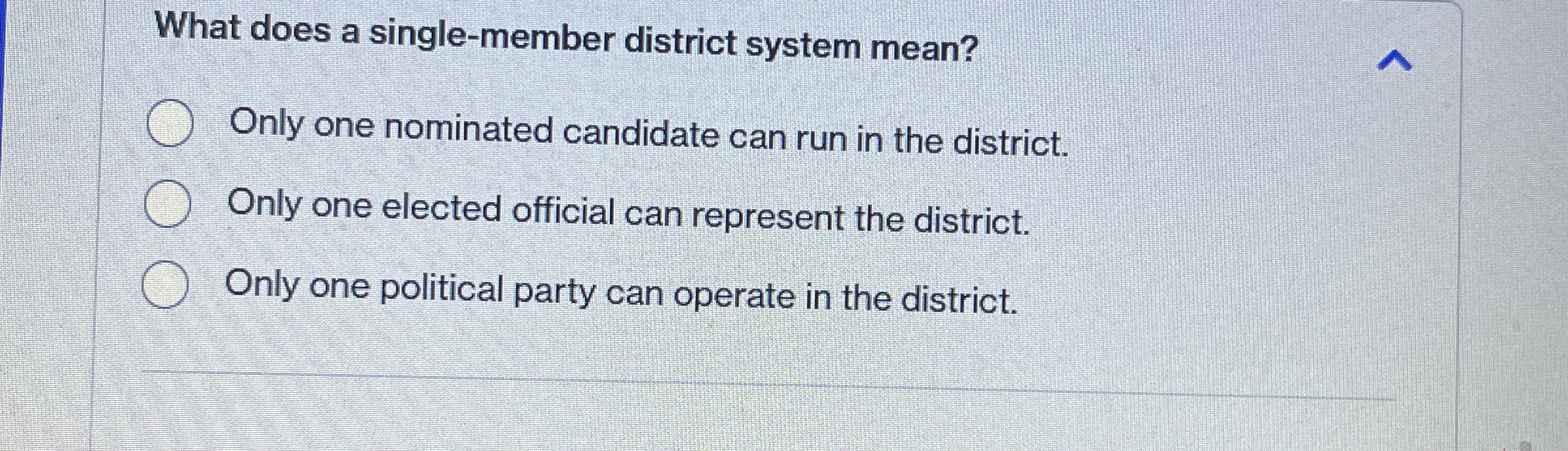  What does a single-member district system mean? Only one nominated candidate