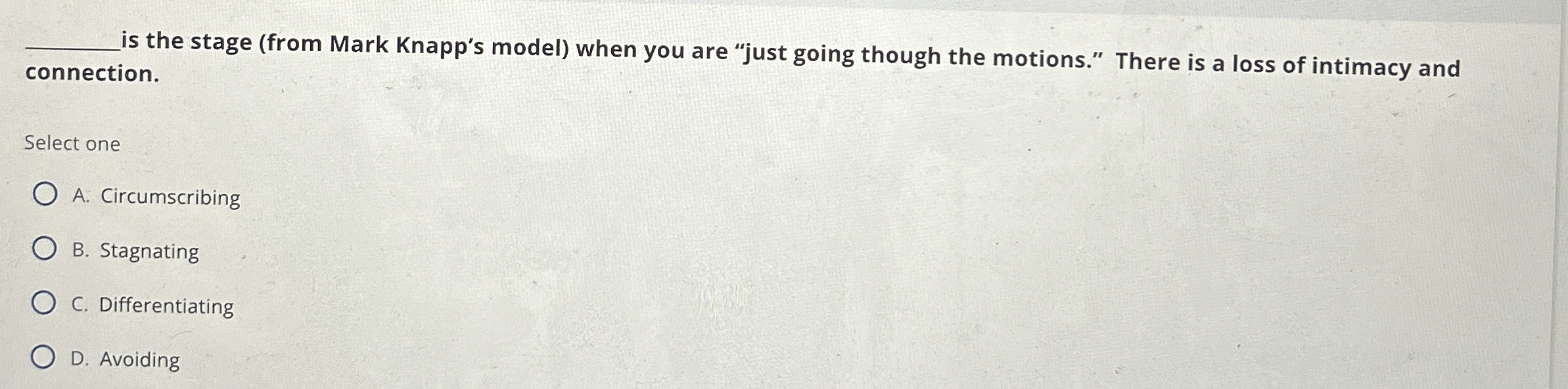  is the stage (from Mark Knapp's model) when you are "just