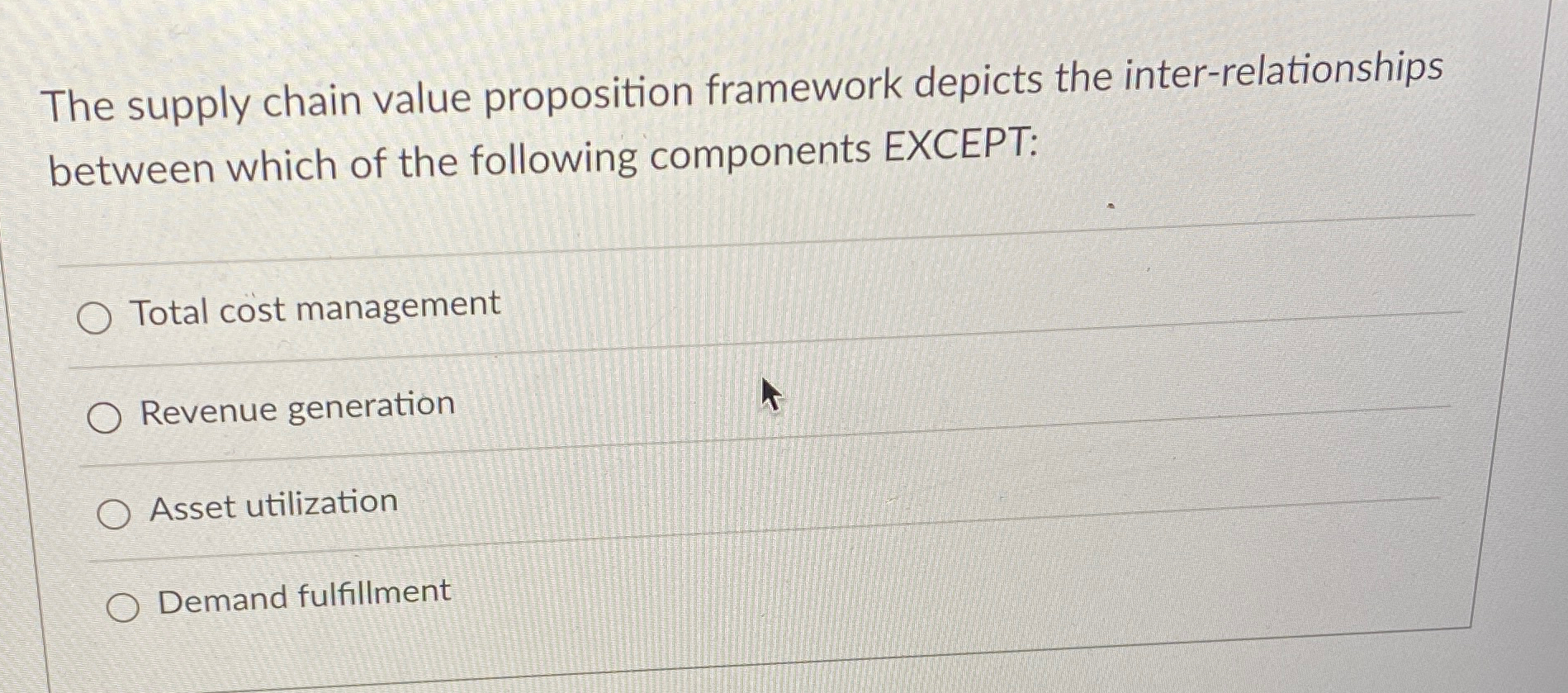  The supply chain value proposition framework depicts the inter-relationships between which