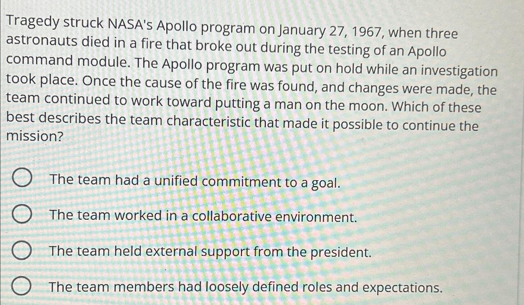  Tragedy struck NASA's Apollo program on January 27,1967, when three astronauts