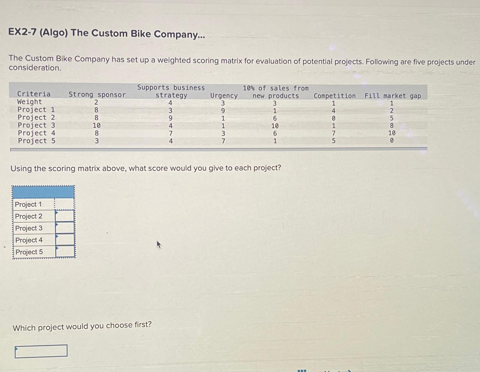  EX2-7(Algo) The Custom Bike Company... The Custom Bike Company has set