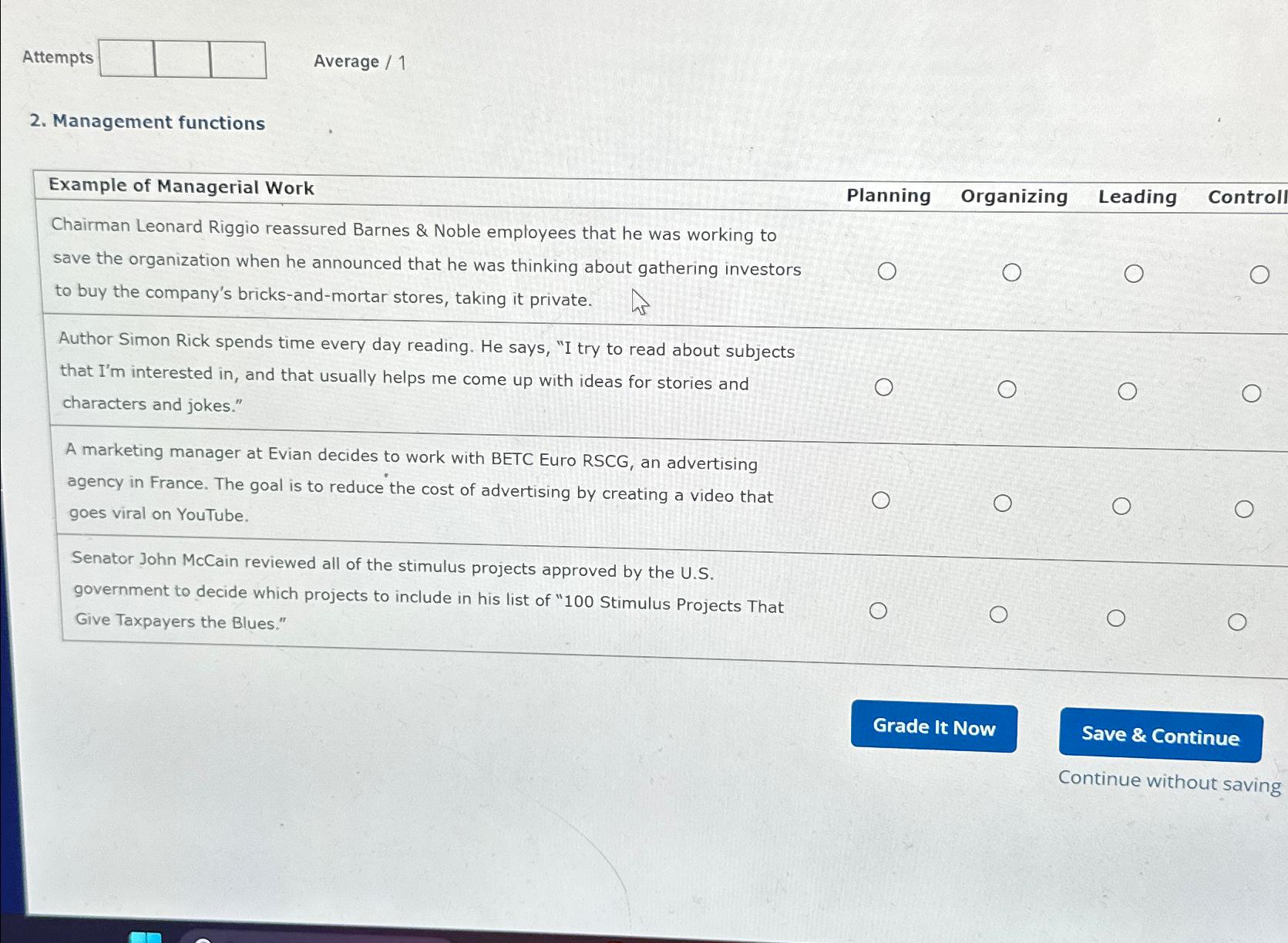  Attempts Average /1 2. Management functions Example of Managerial Work Planning