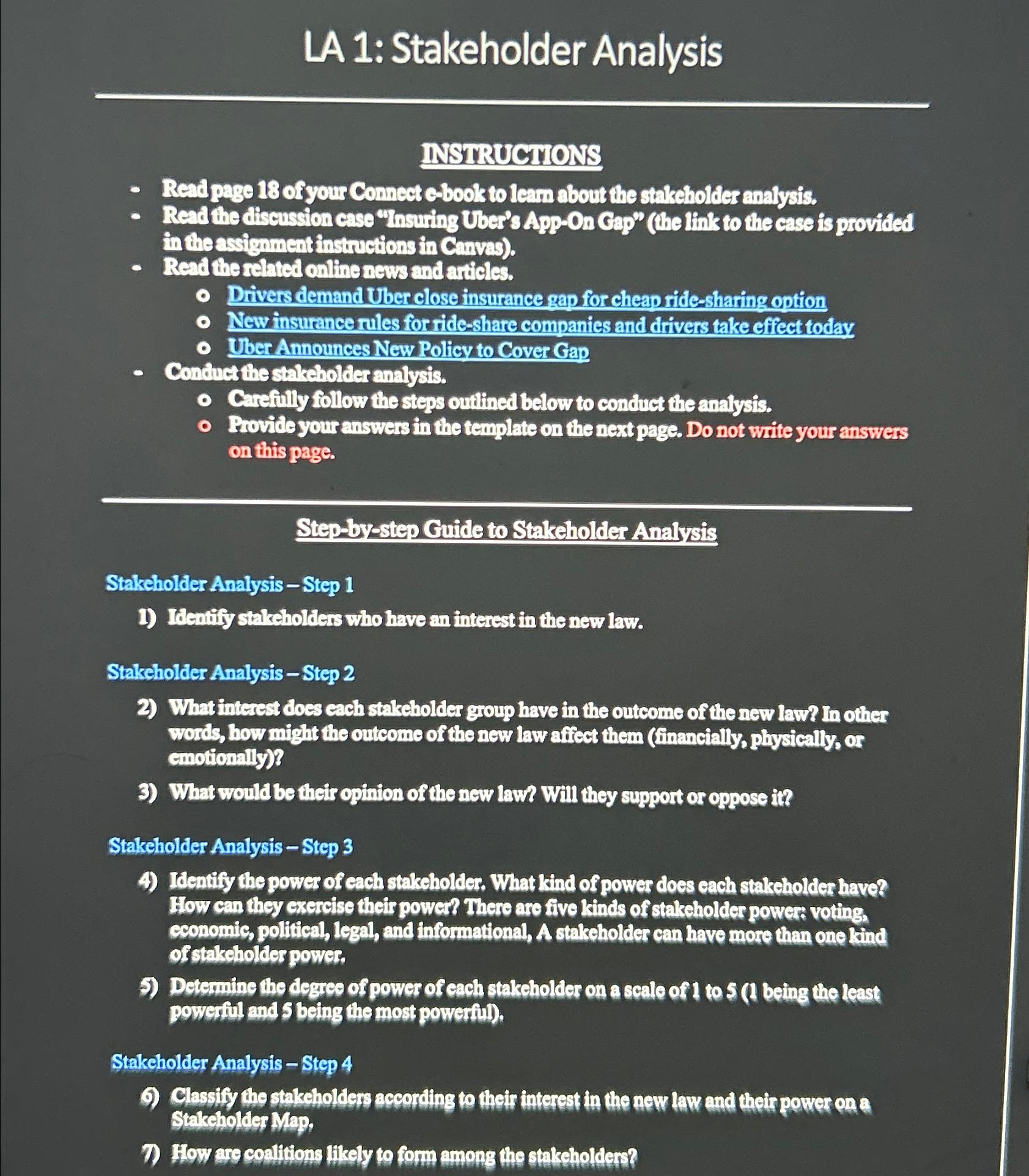  LA 1: Stakeholder Analysis NSTRUCTMONS Read page 18 of your Connect