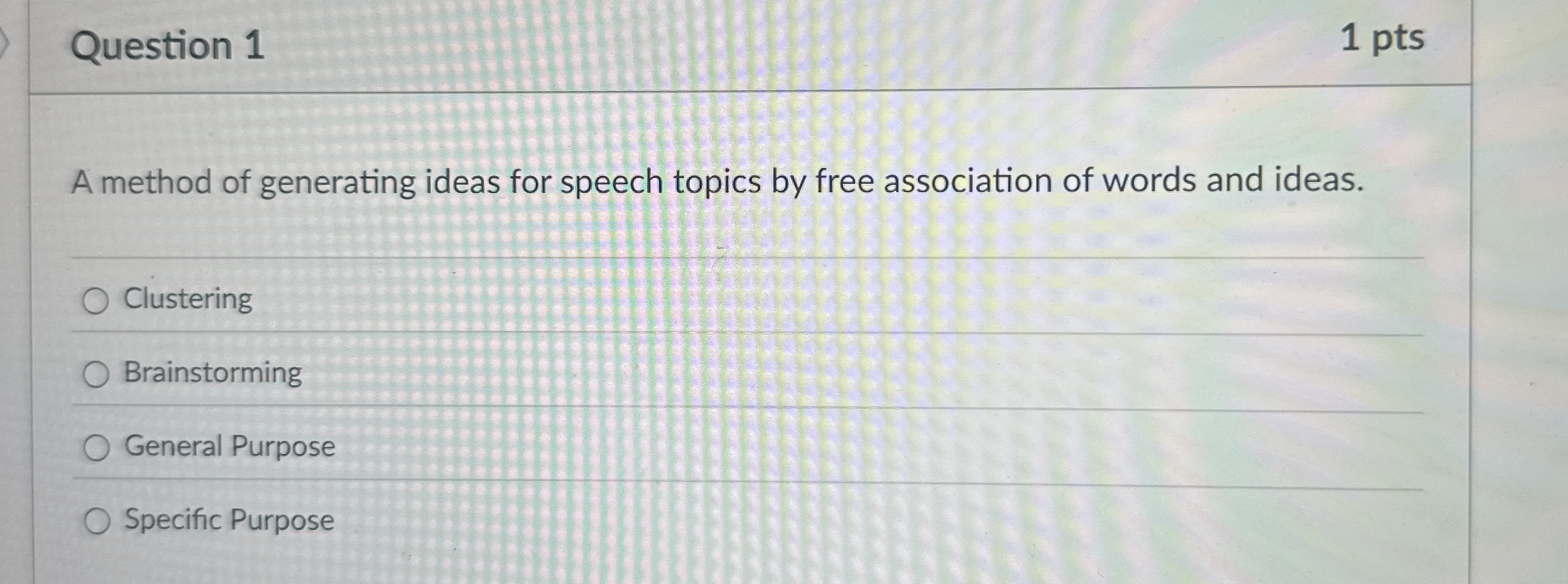  Question 1 A method of generating ideas for speech topics by