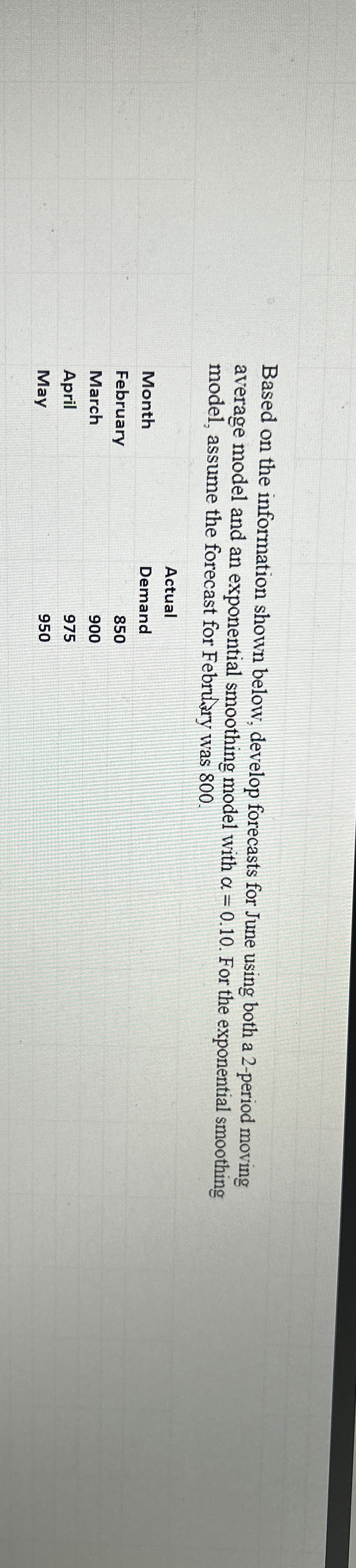  Based on the information shown below, develop forecasts for June using