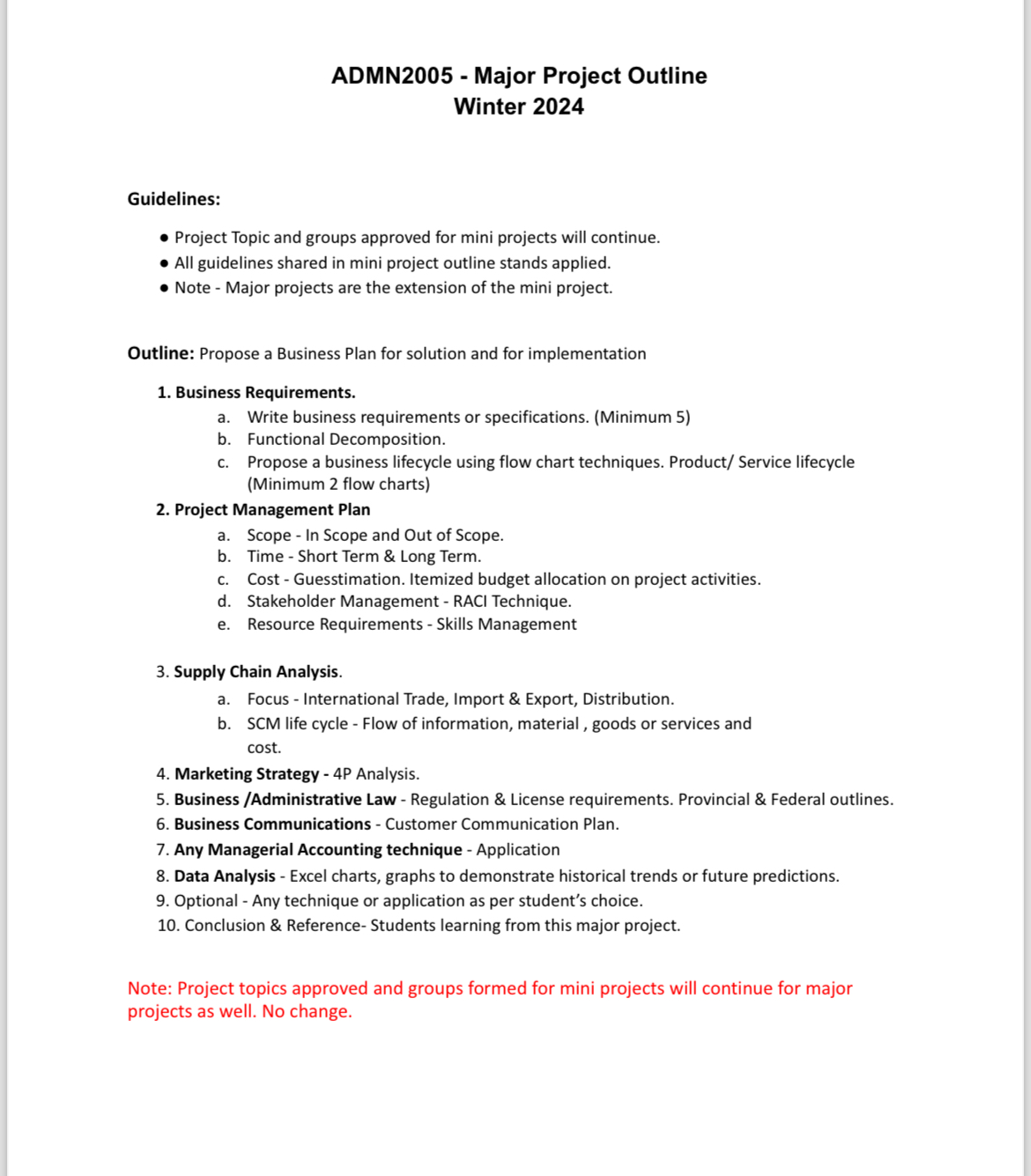  ADMN2005- Major Project Outline Winter 2024 Guidelines: Project Topic and groups