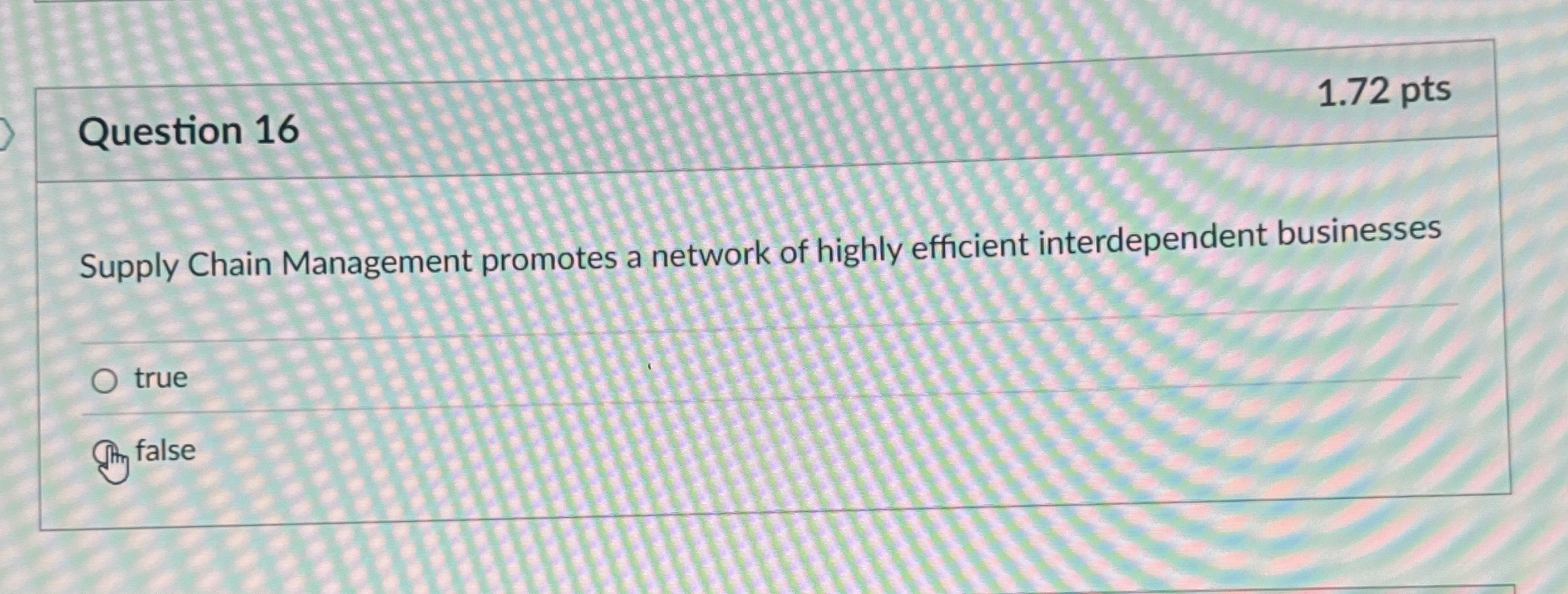  Question 16 1.72 pts Supply Chain Management promotes a network of