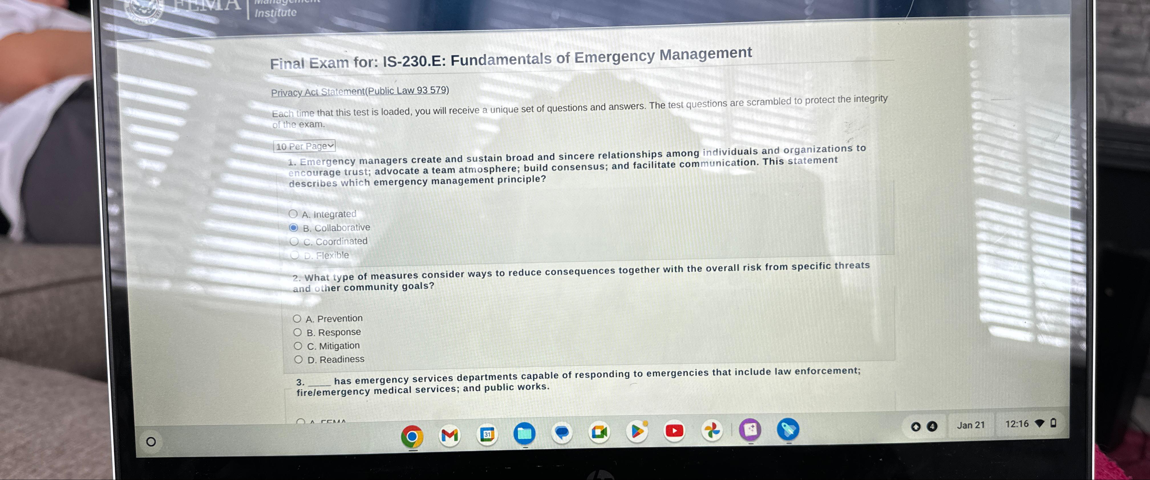  Final Exam for: IS-230.E: Fundamentals of Emergency Management Privacy Act Statement(Public
