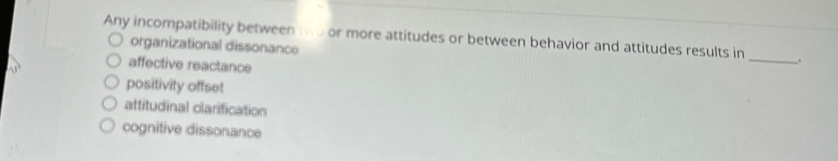  Any incompatibility between or more attitudes or between behavior and attitudes