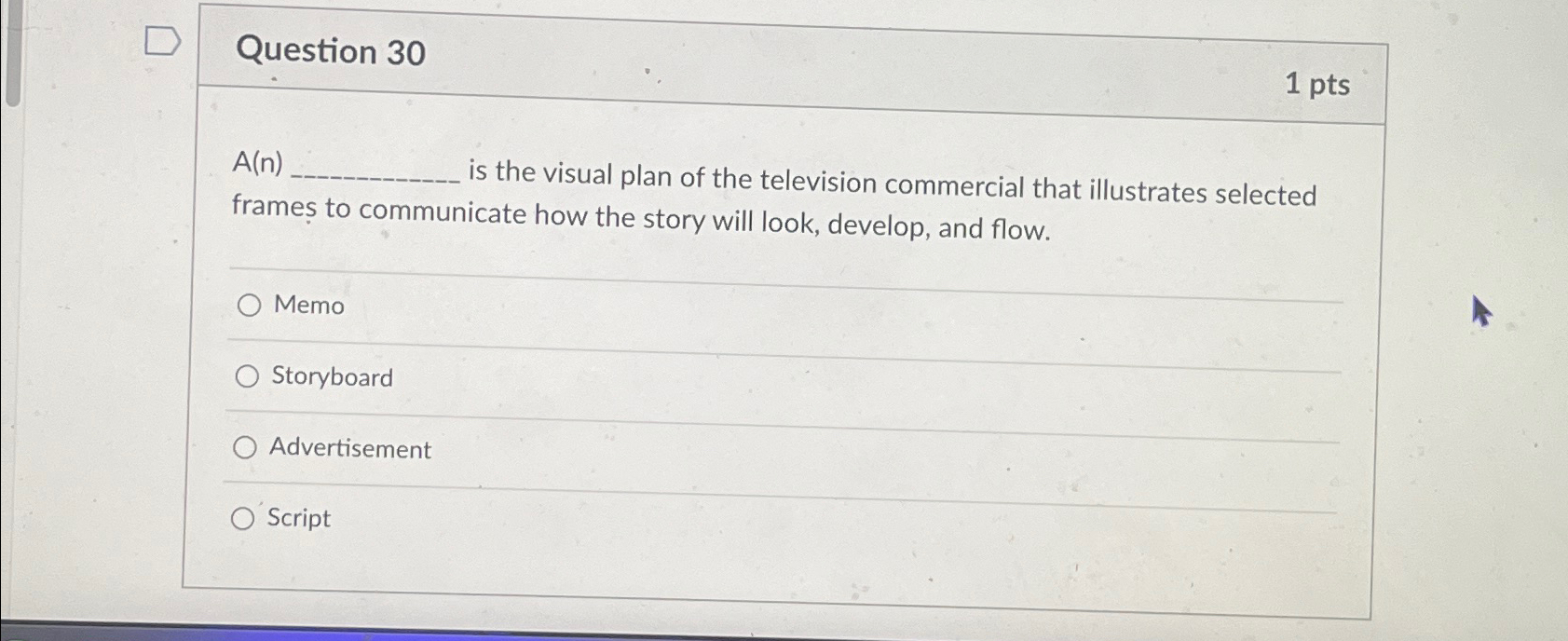  Question 30 1pts A(n) is the visual plan of the television