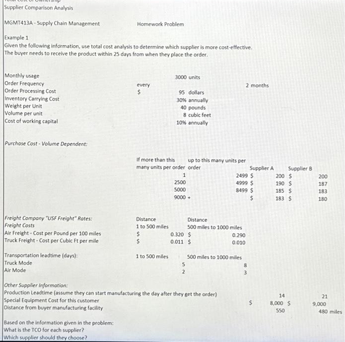  Supplier Comparison Analysis MGMT413A - Supply Chain Management Homework Problem Example