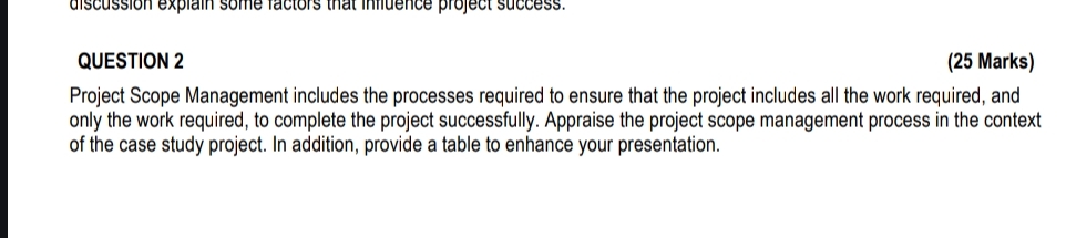  QUESTION 2 (25 Marks) Project Scope Management includes the processes required