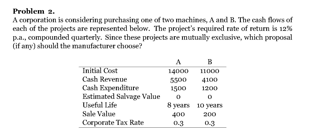  Problem 2. A corporation is considering purchasing one of two machines,