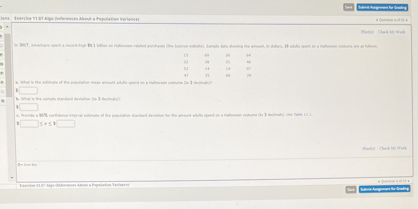  Save Submit Assignment for Grading ions Exercise 11.07 Algo (Inferences About