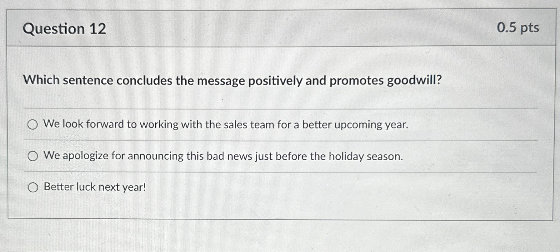  Question 12 0.5 pts Which sentence concludes the message positively and