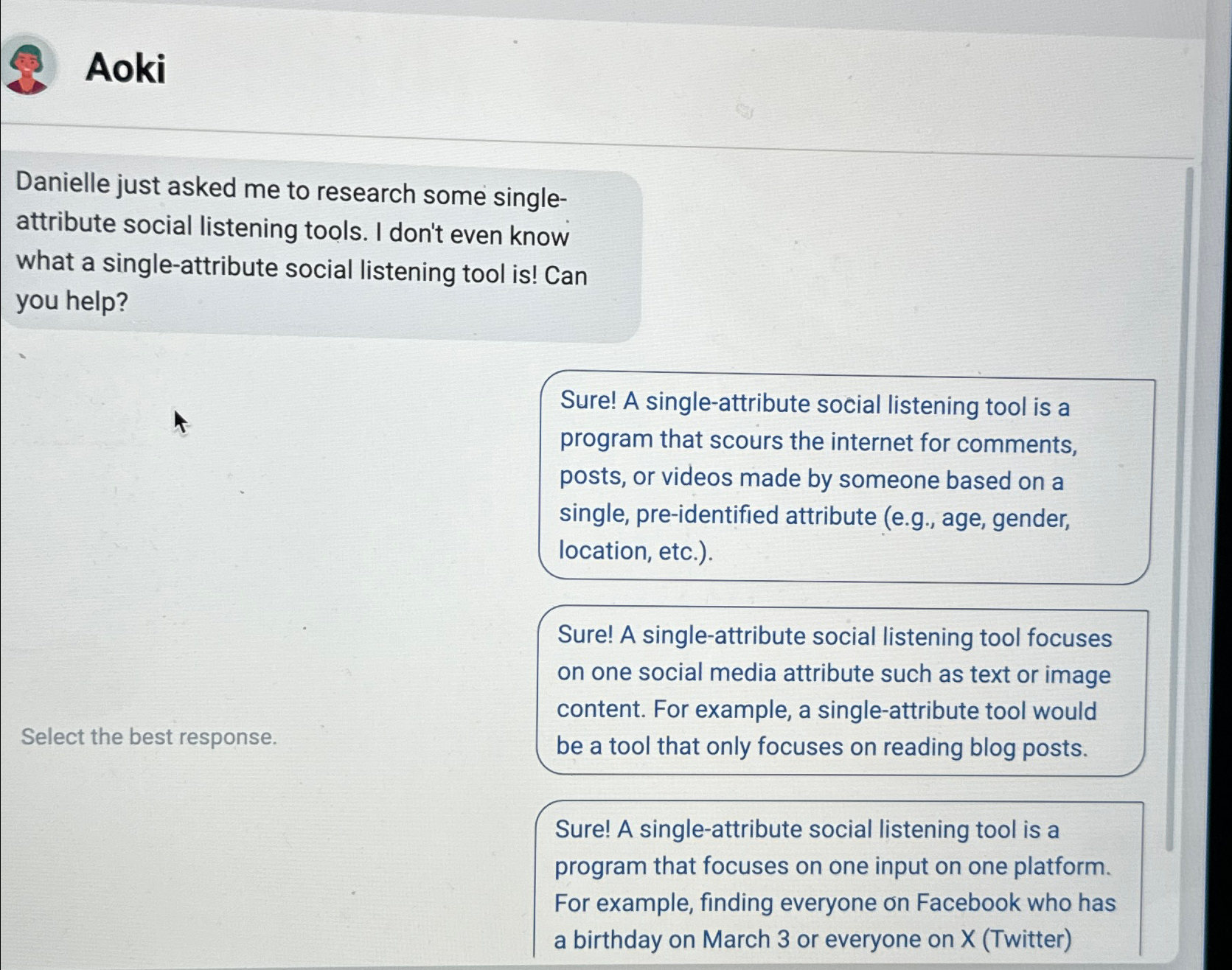  Aoki Danielle just asked me to research some singleattribute social listening