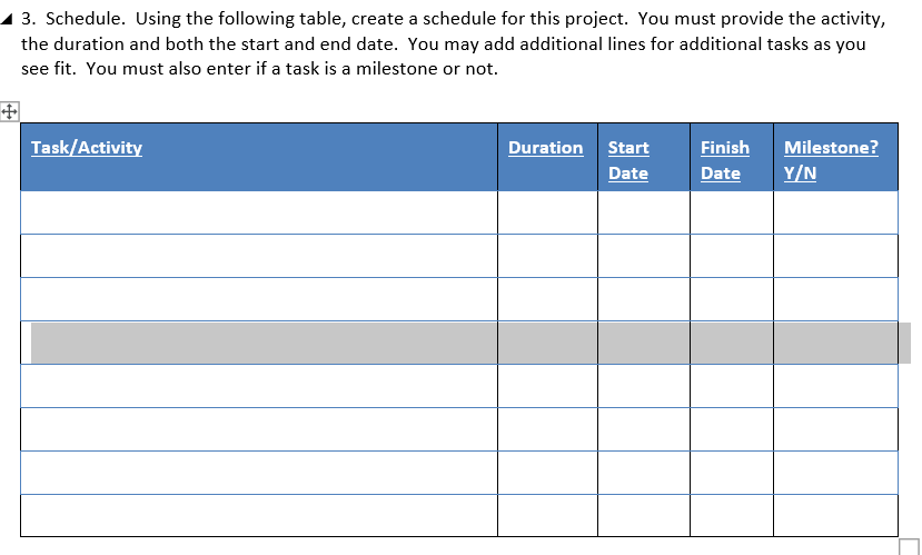  3. Schedule. Using the following table, create a schedule for this