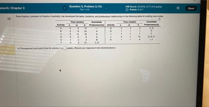  a) The expecied (estrrated) time for activity C is weeks. (Round