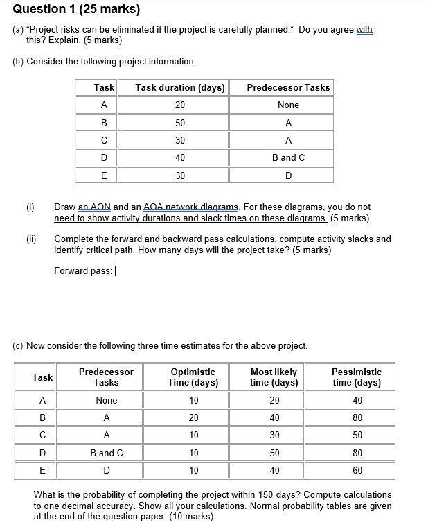 Show working and step by step Question 1 (25 marks) (a) "Project